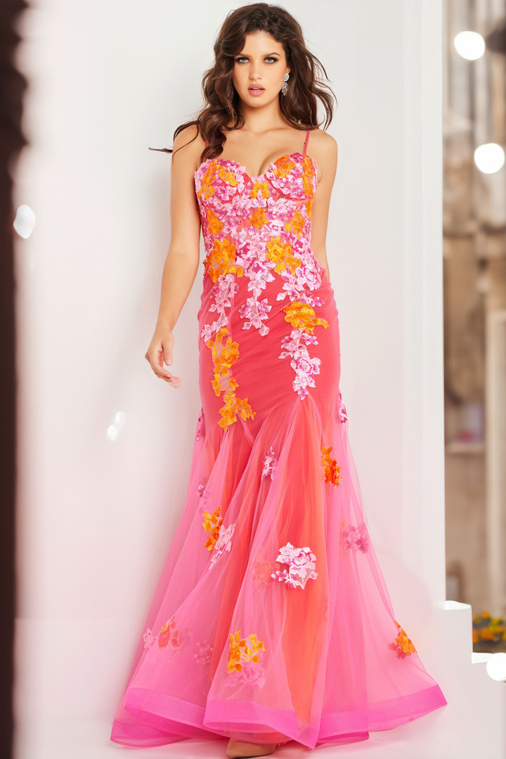 Jovani 36843 Tulle Floral Spaghetti Strap Form Fitting Gown