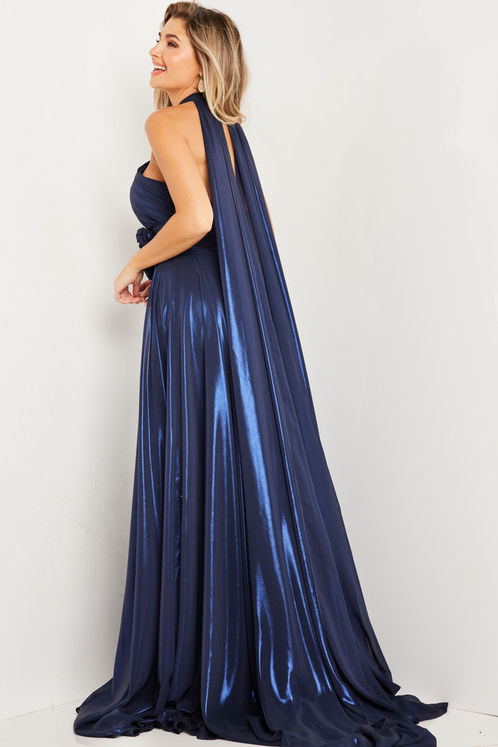 Jovani 37163 Metallic Chiffon Halter Neck Sleeveless Gown