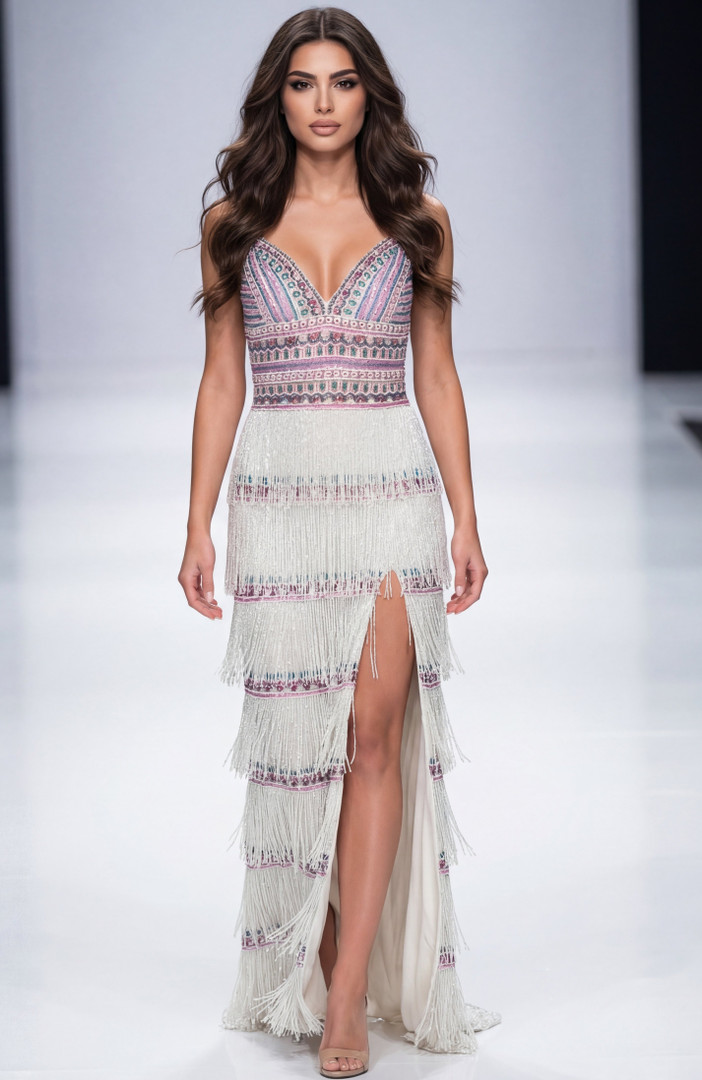 Jovani 38846 Tulle Beaded V-neckline Fringe Sleeveless Dress