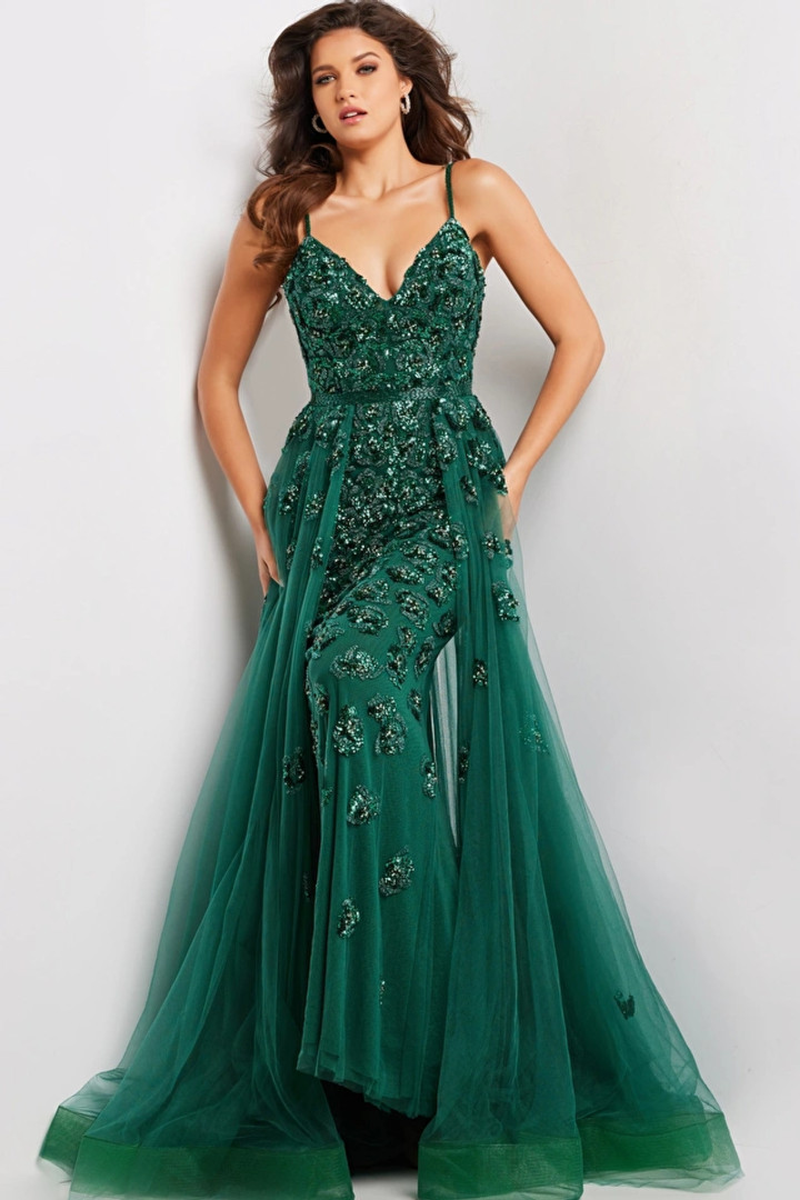 Jovani 39434 Tulle Embellished Spaghetti Strap V-neck Dress