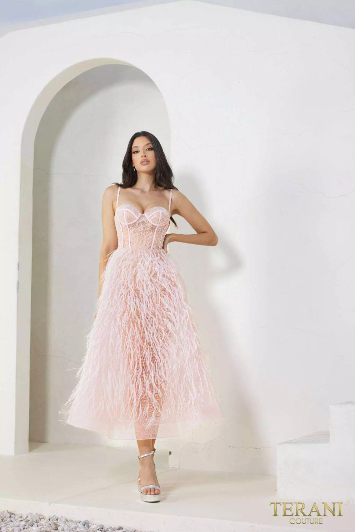 Terani Couture 241P2022 Luffa Spaghetti Neck A-Line Dress