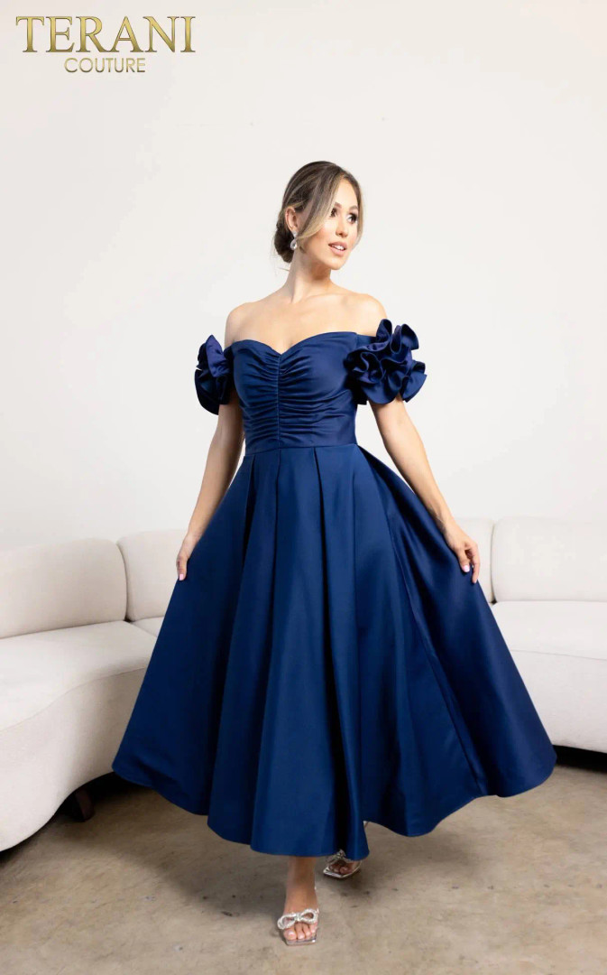 Terani Couture 241C2334 Satin Off-Shoulder Neck Short Dress