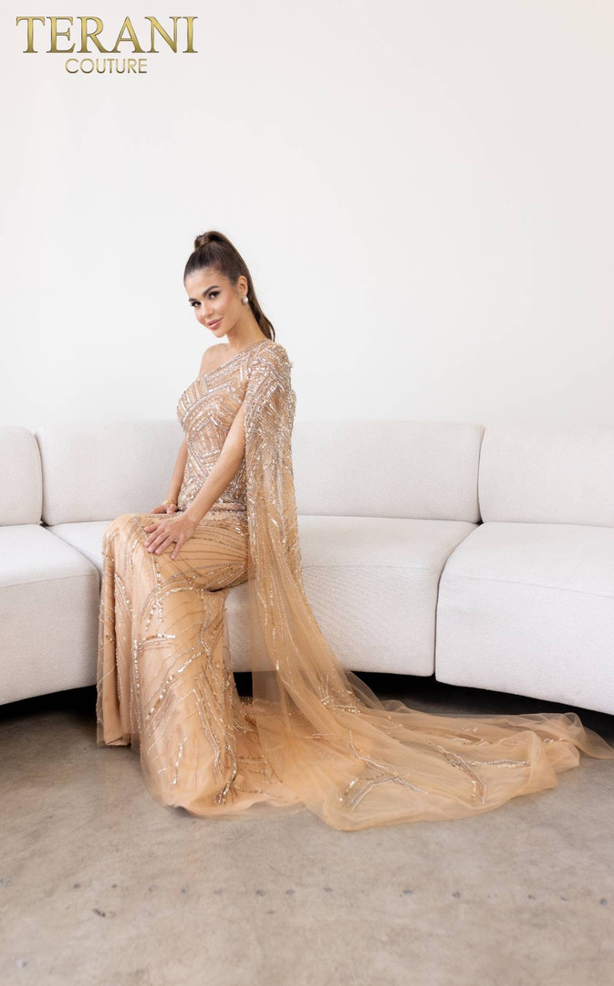 Terani Couture 241GL2634 Asymmetrical Neck Sleeveless Dress