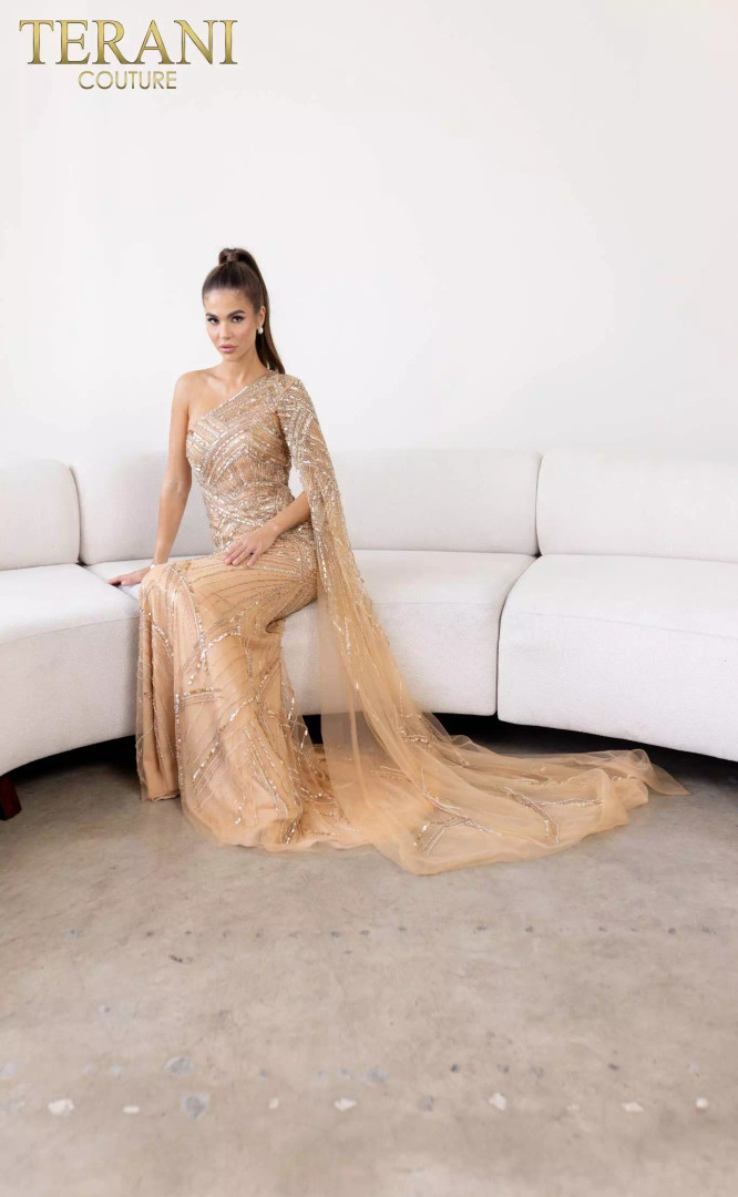 Terani Couture 241GL2634 Asymmetrical Neck Sleeveless Dress
