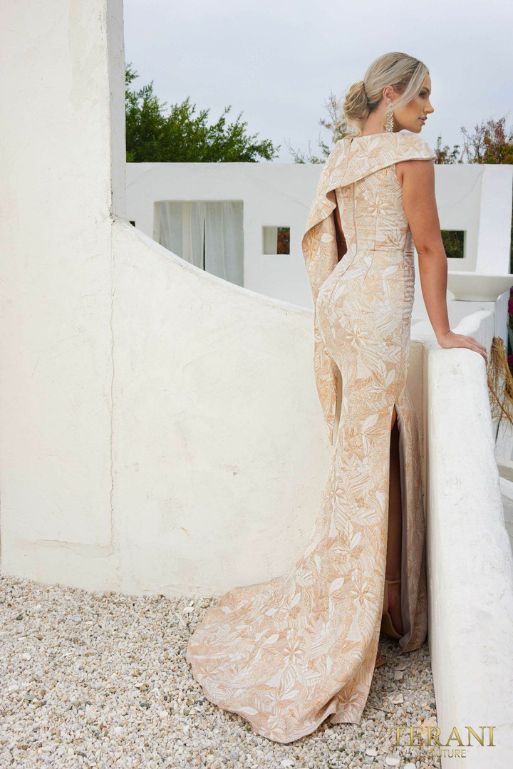 Terani Couture 232M1571 Jacquard Asymmetrical Neck  Dress