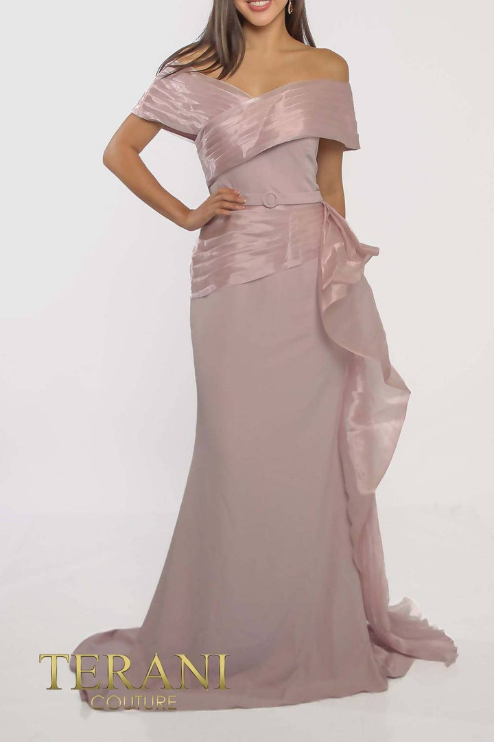 Terani Couture 241M2703 Chiffon Off-Shoulder Neck Long Dress