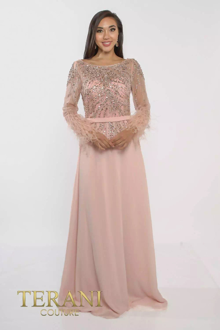 Terani Couture 241M2718 Chiffon Boat Neck Long Sleeve Dress