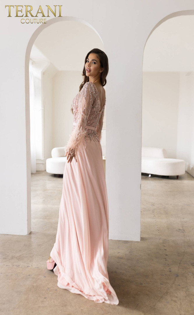 Terani Couture 241M2718 Chiffon Boat Neck Long Sleeve Dress