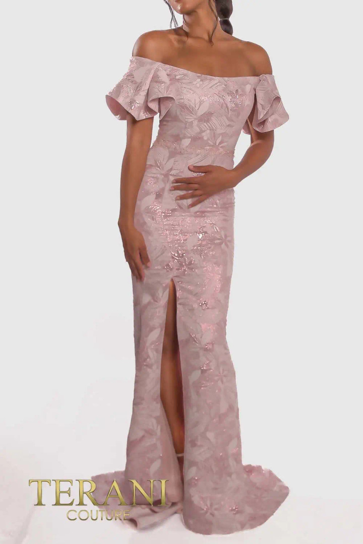 Terani Couture 241M2719 Jacquard Off-Shoulder Neck Dress