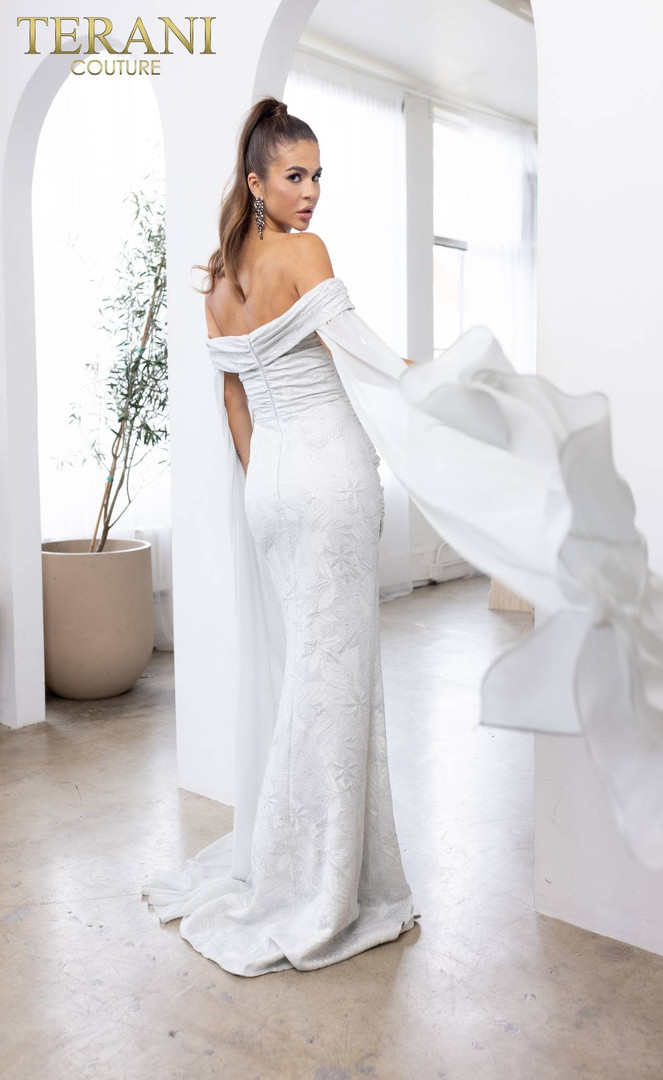 Terani Couture 241M2721 Jacquard Off-Shoulder Neck Dress
