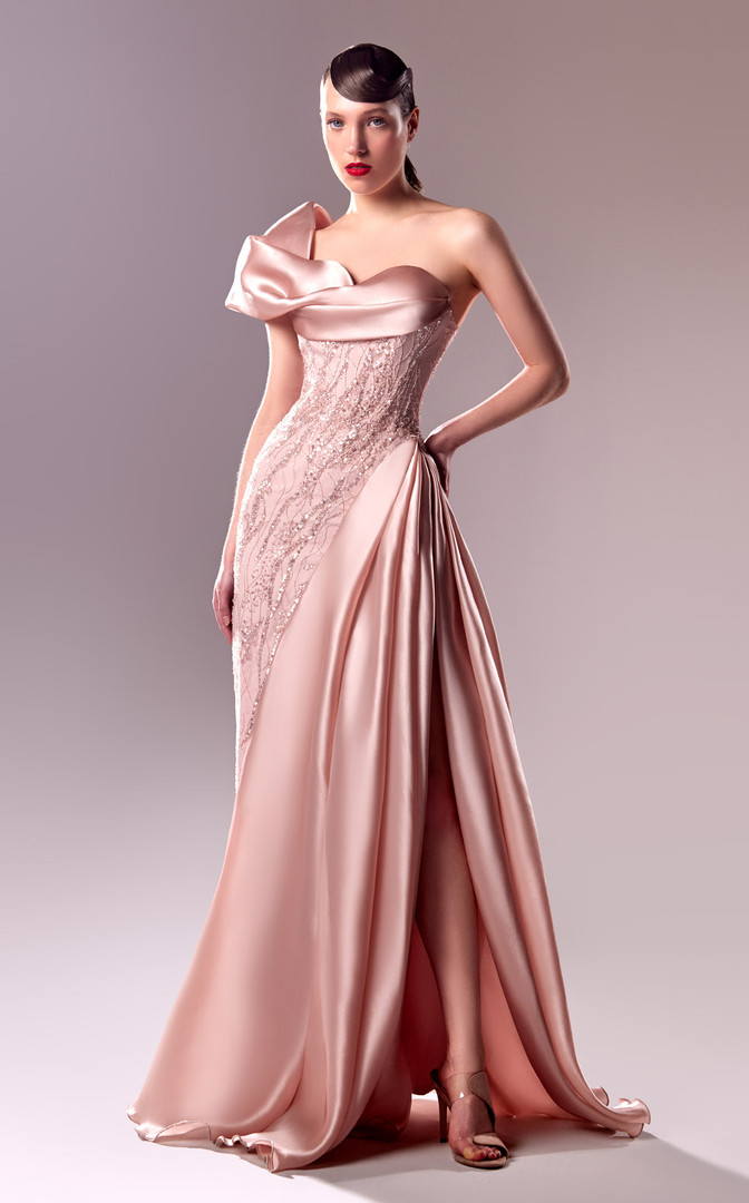 MNM Couture G1631 Satin Beaded Lace Draped Organdie Gown