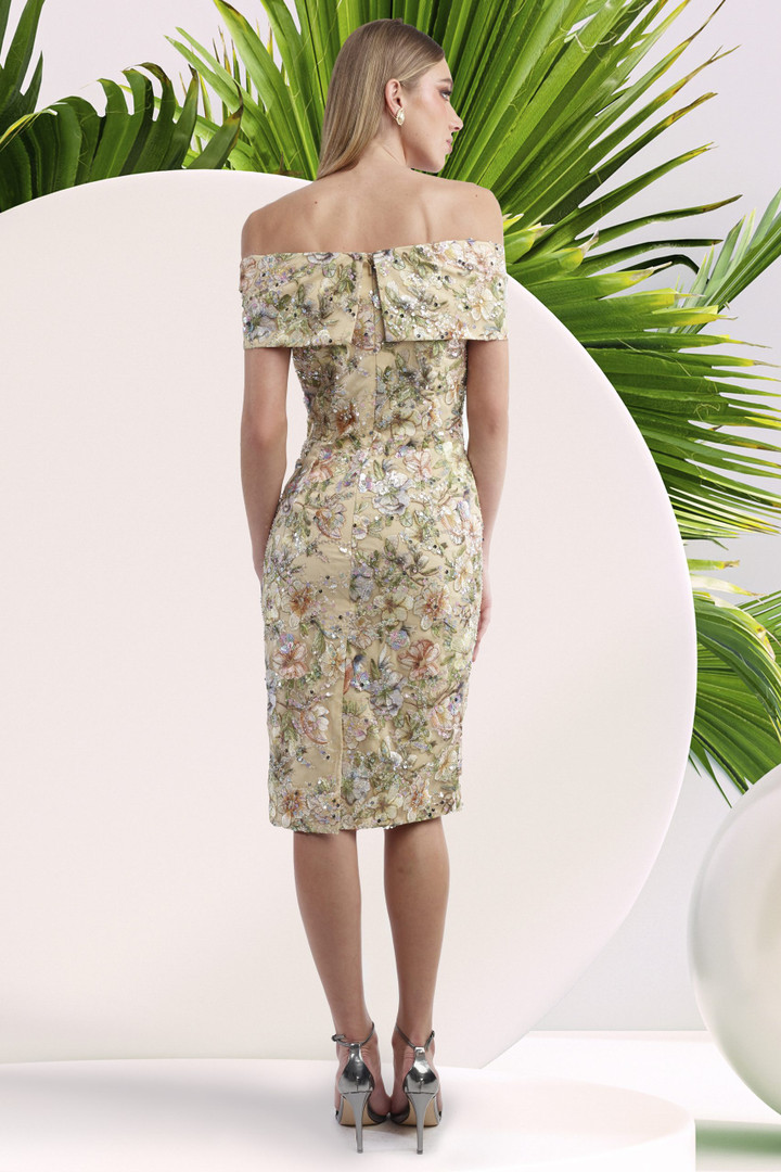 Janique 6044 Floral Beaded Straight Neck Knee-length Dress