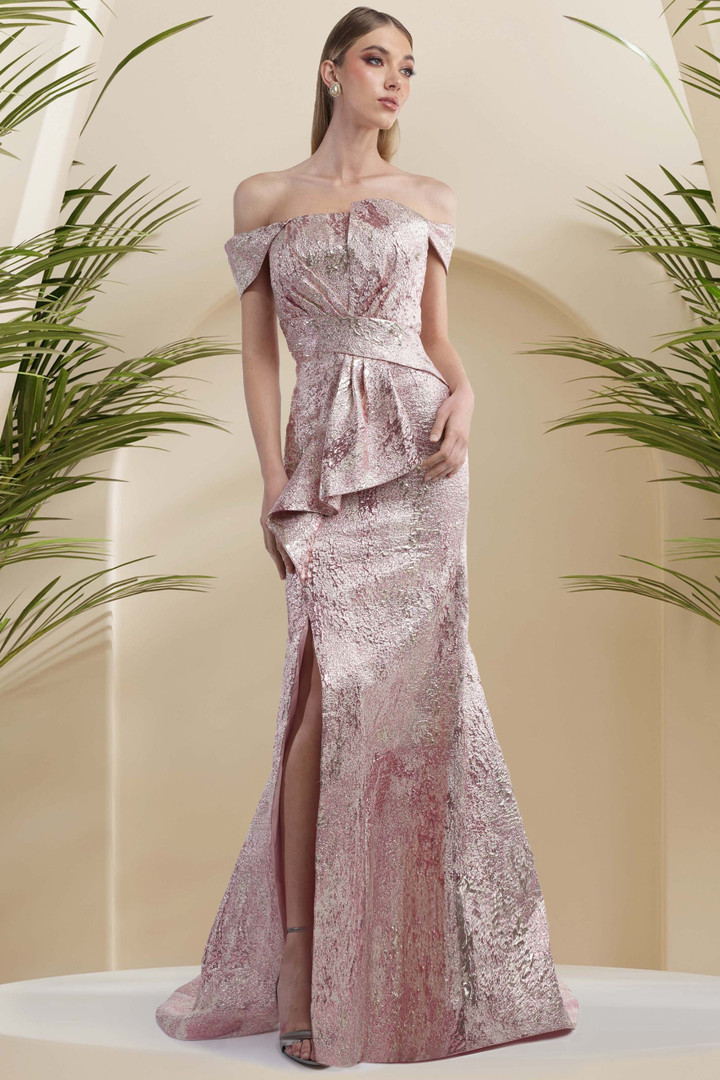 Janique 24982 Off-shoulder Straight Neck High-slit Gown