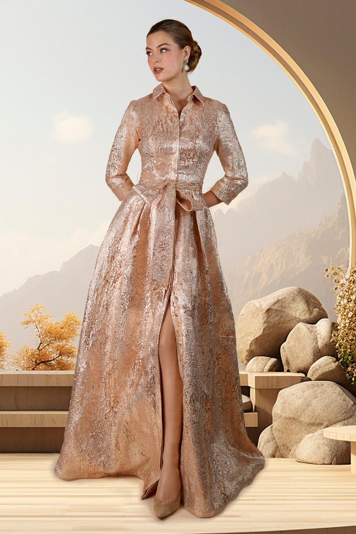 Janique 24988 Long Sleeves Shirt Coller Neck Long Gown