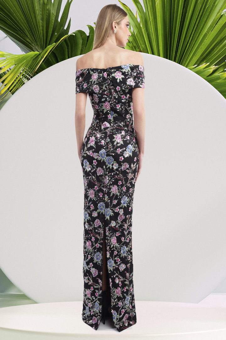 Janique 2444 Floral Off-shoulder Straight Neck Long Gown