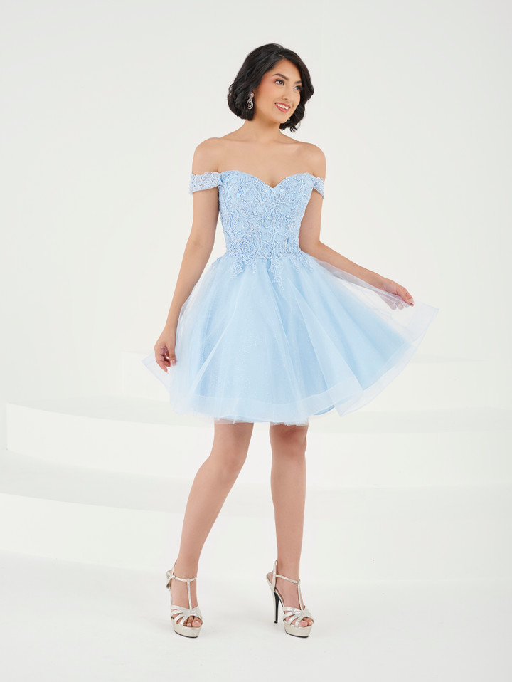 Damas 52453 Glitter Tulle Off Shoulder Sleeve Short Dress
