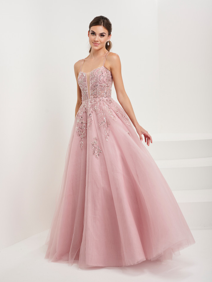 Tiffany Designs 16072 Floral Applique Tulle Long Dress