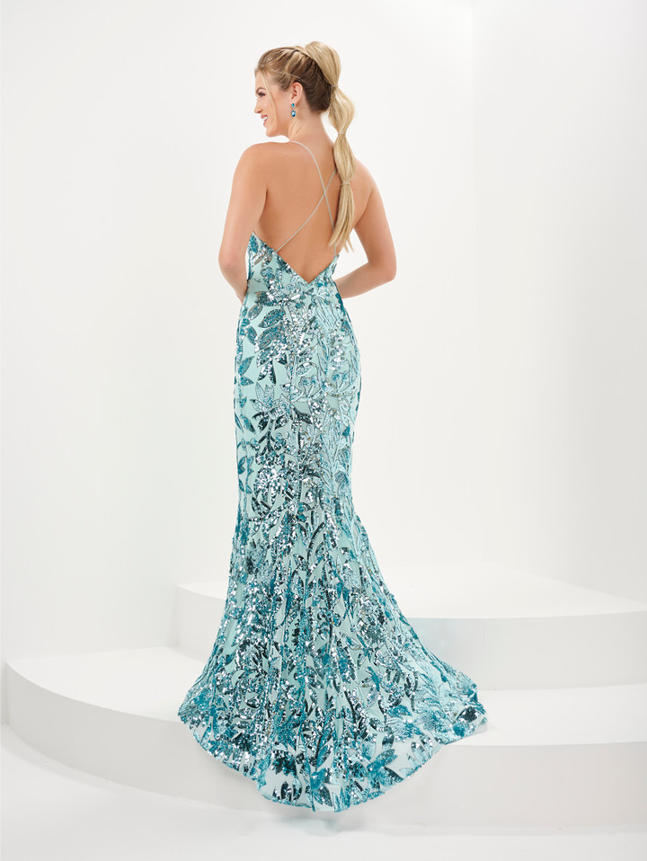 Tiffany Designs 16077 Floral Vines Mesh V-neck Long Dress