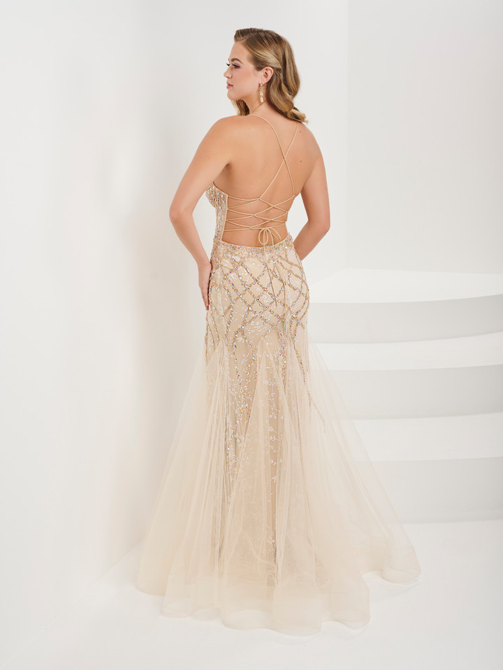 Tiffany Designs 16105 Metallic Floral Lace Long Dress