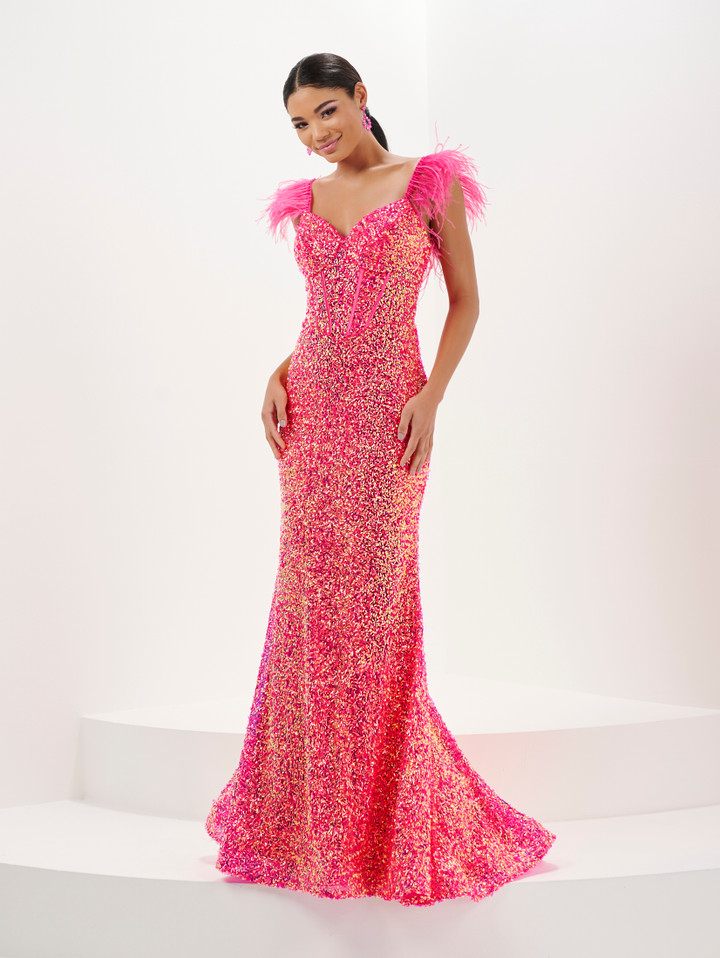 Tiffany Designs 16106 Feathers Sequin Strapless Long Dress