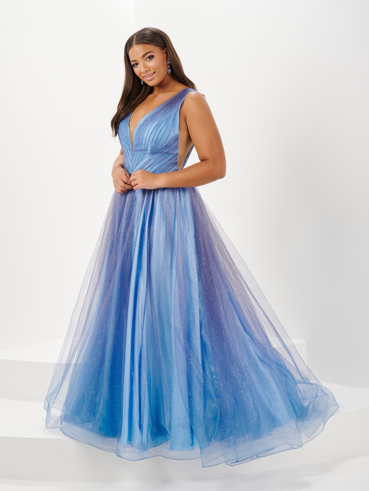 Tiffany Love 16134 Sparkle Ombre Tulle V-Neck Long Dress