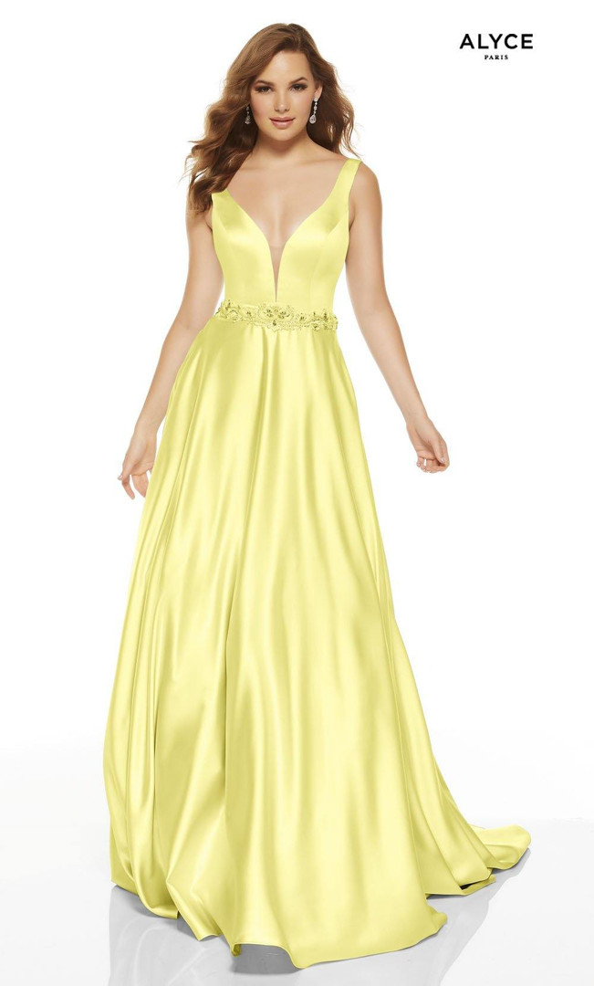 Alyce Paris 1422 Plunging Neck Beaded Luminous Satin Dress