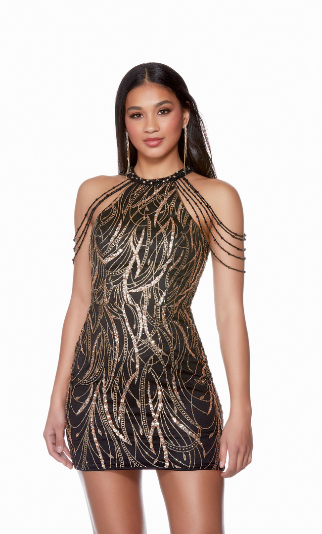 Alyce Paris 4682 Glitter Tulle Beaded High Neck Short Dress