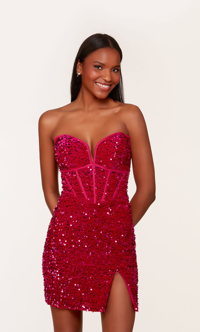 Alyce Paris 4745 Plush Sequin Strapless Straight Short Dress
