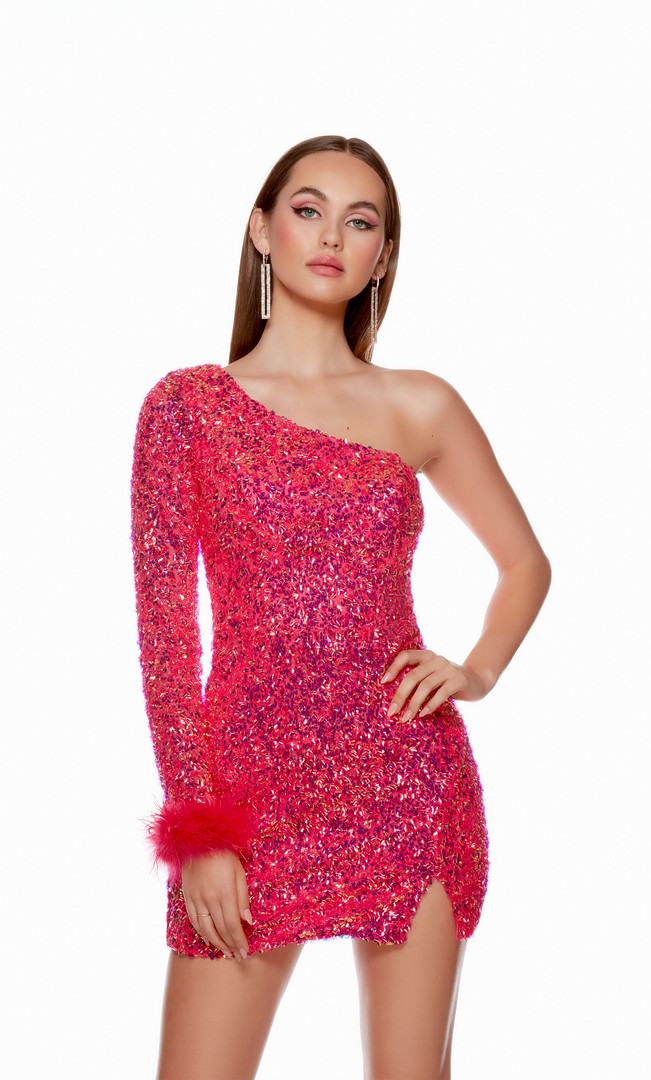 Alyce Paris 4752 Sequins Feathers One Shoulder Short Dress