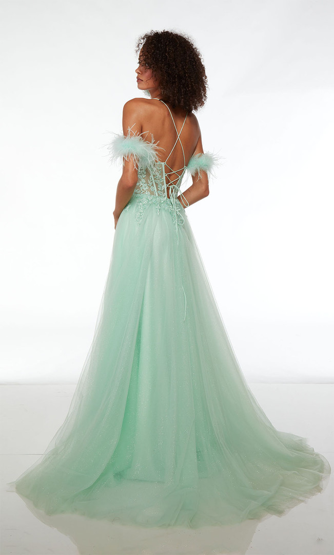 Alyce Paris 61561 Lace Glitter Tulle Feathers V-neck Dress