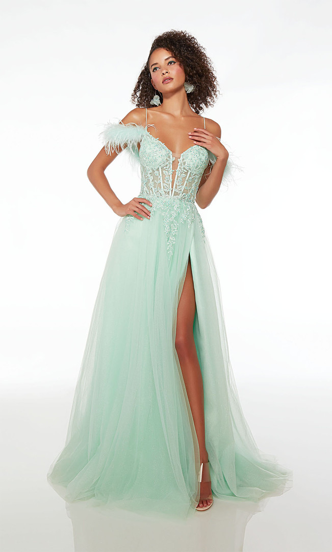 Alyce Paris 61561 Lace Glitter Tulle Feathers V-neck Dress