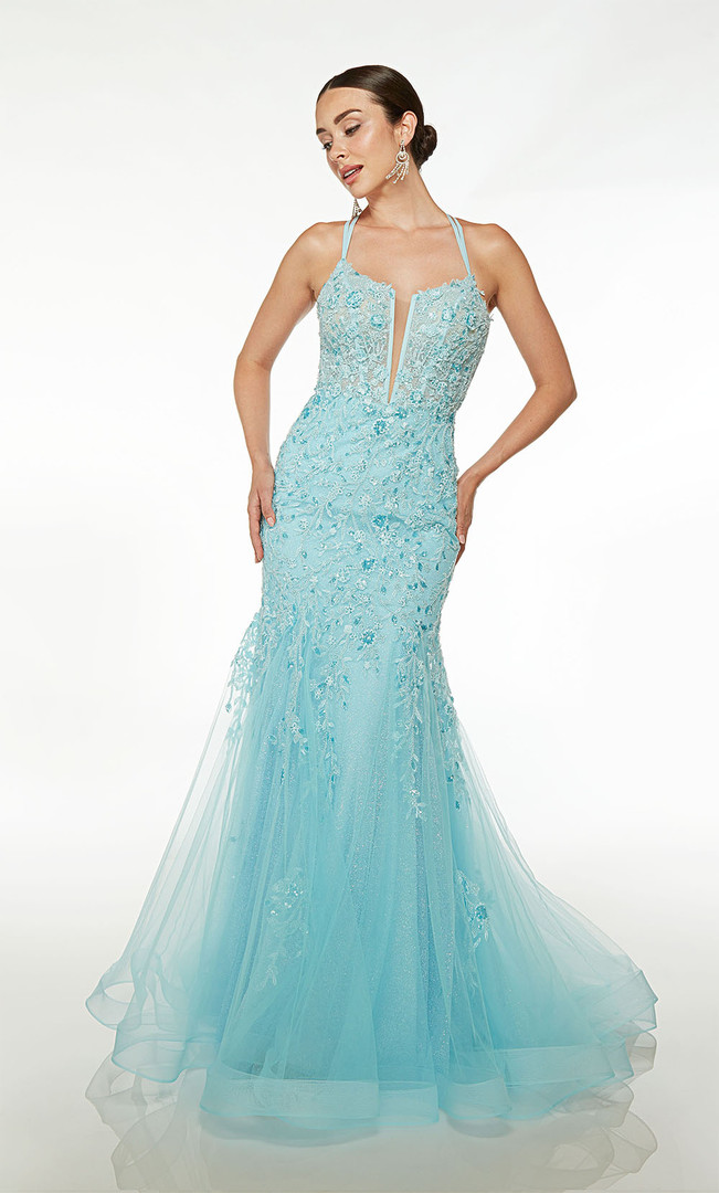 Alyce Paris 61640 Beaded Glitter Tulle Plunging Neck Dress