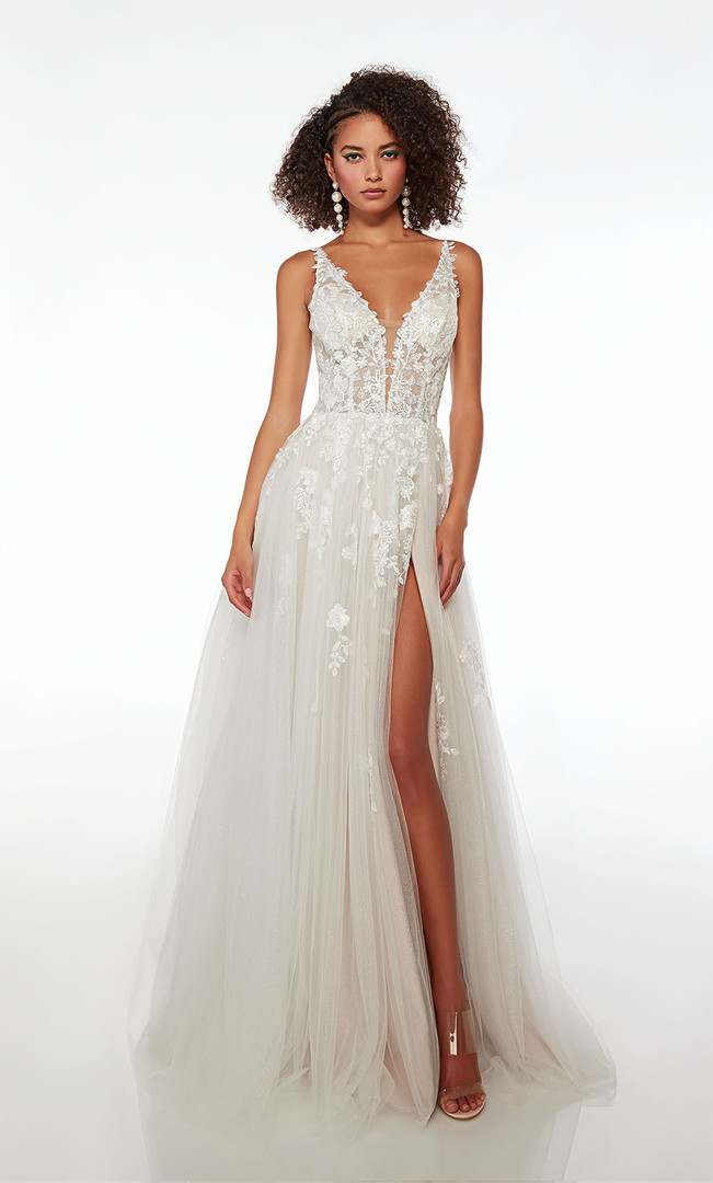 Alyce Paris 61722 Lace Glitter Tulle Plunging Neckline Dress