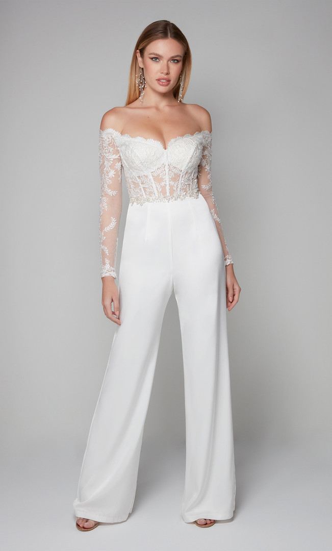 Alyce Paris 70018 Satin Lace Off Shoulder Wide Leg Jumpsuit