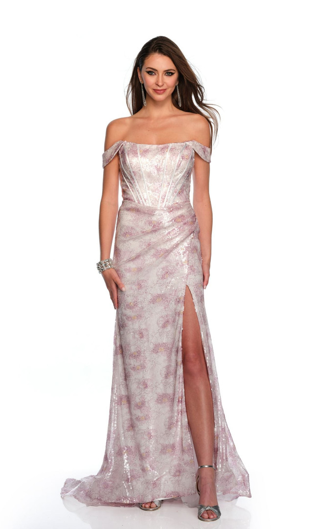 Dave and Johnny 11508 Sequin Off Shoulder Print Fitted Dress