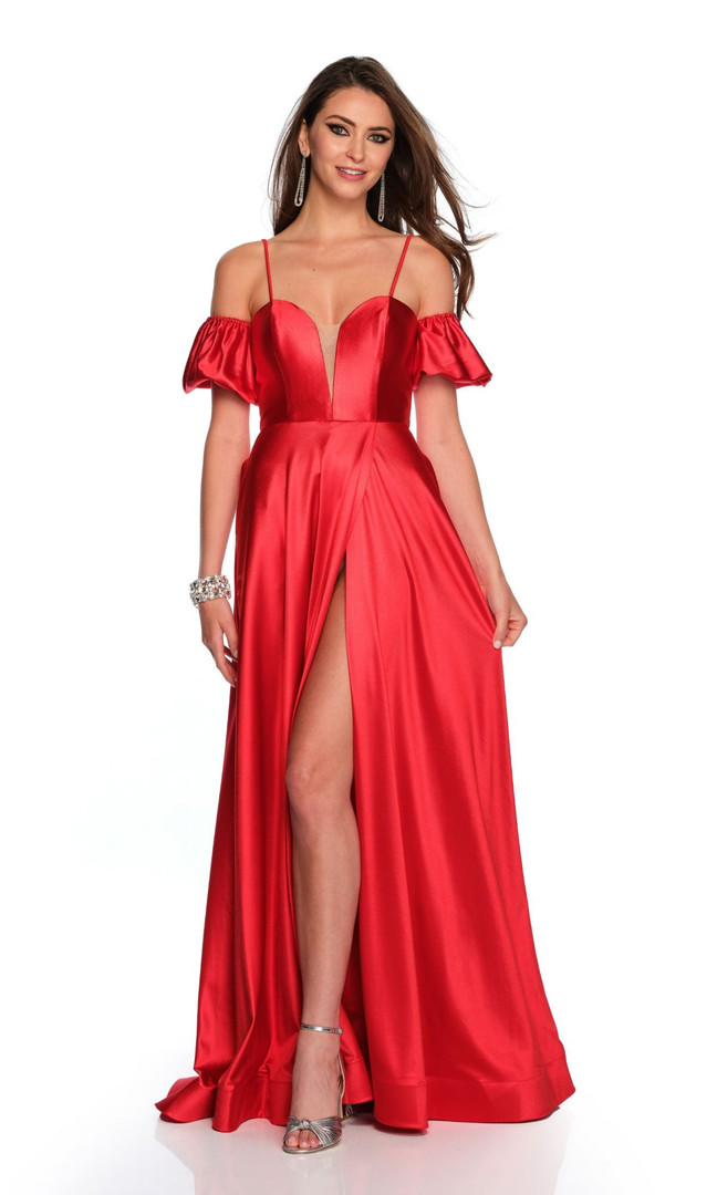 Dave and Johnny 11228 V-neck Puff Off Shoulder Sleeves Dress
