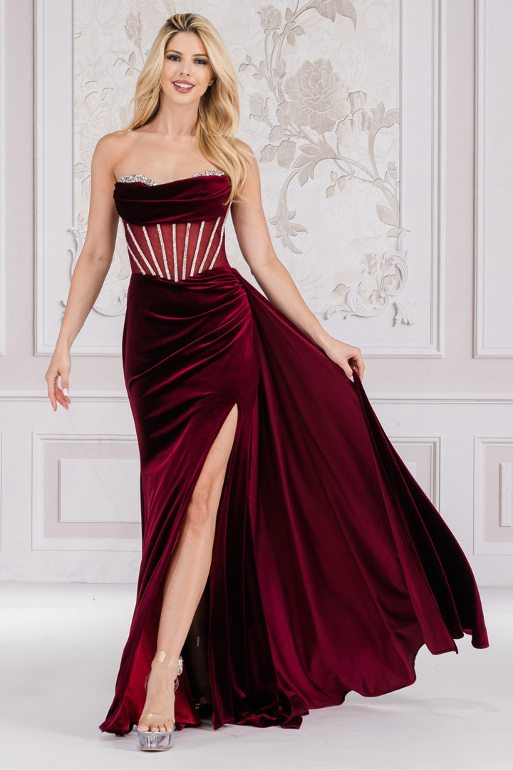 Amelia Couture 5051 Velvet Embellishments Strapless Dress