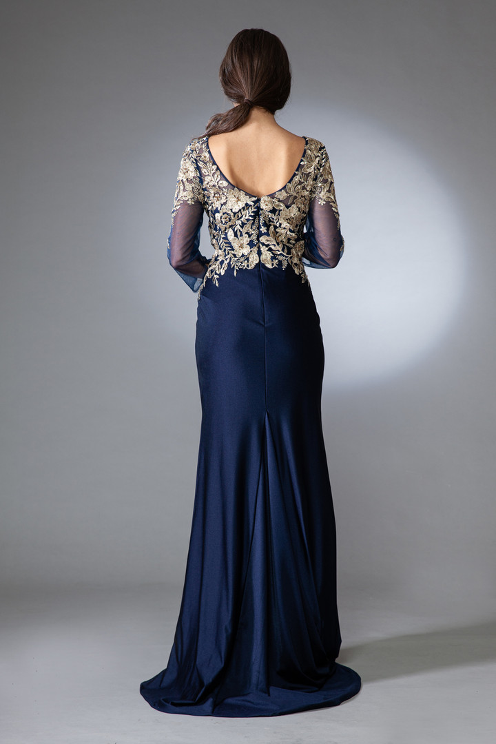 Amelia Couture 7039 V-neck Illusion 3/4 Sleeves Long Dress