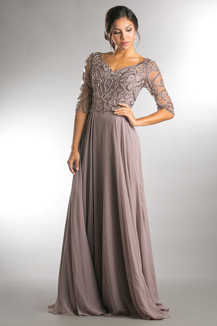 Amelia Couture 7046 Satin V-Neck 3/4 sleeves Long Dress