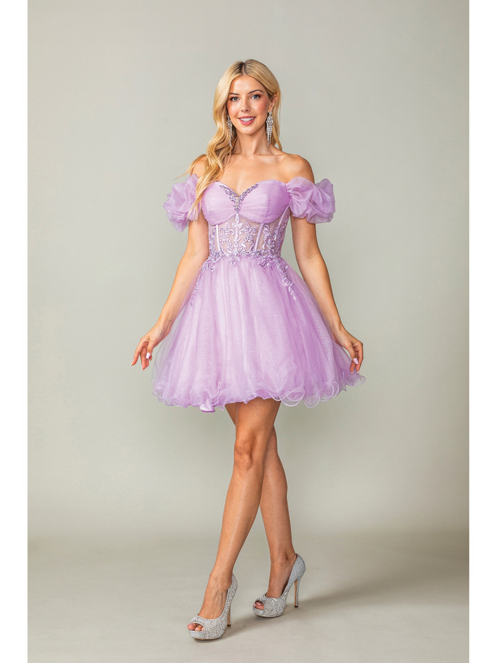 Dancing Queen 3379 Tulle Embroidered Puff Sleeve Short Dress