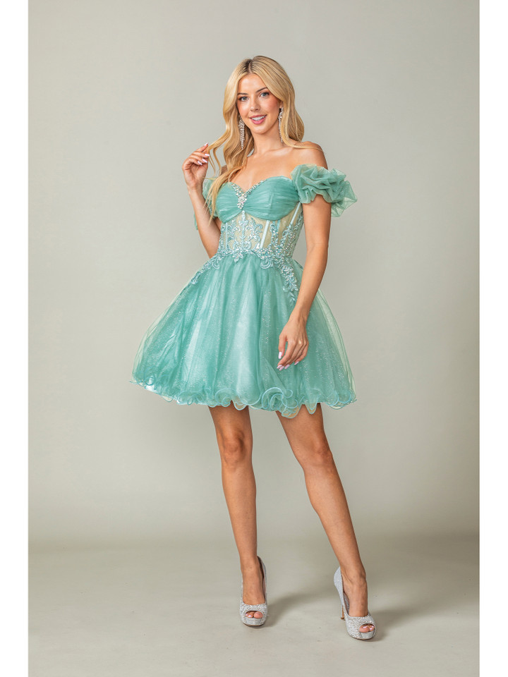 Dancing Queen 3379 Tulle Embroidered Puff Sleeve Short Dress