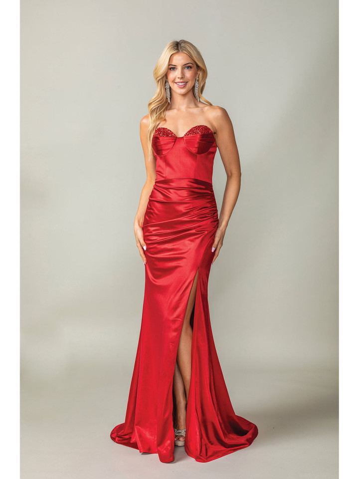 Dancing Queen 4407 Embellished Bustline Ruched Satin Gown