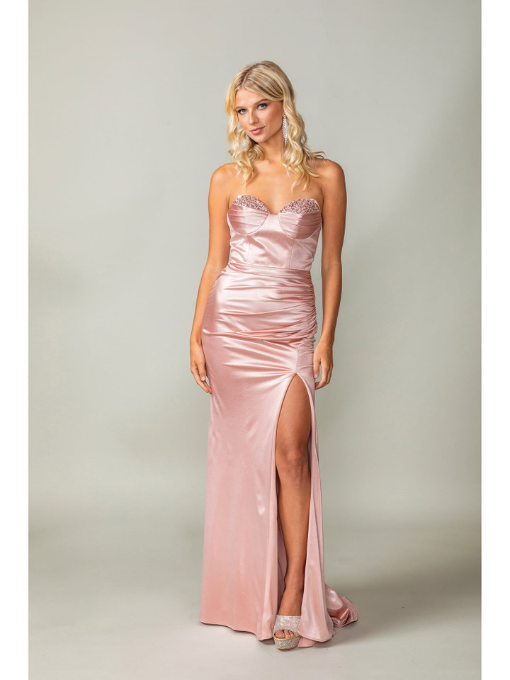Dancing Queen 4407 Embellished Bustline Ruched Satin Gown
