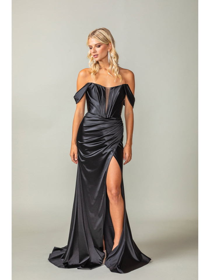 Dancing Queen 4382 Satin Draped Sleeves Off-Shoulder Gown