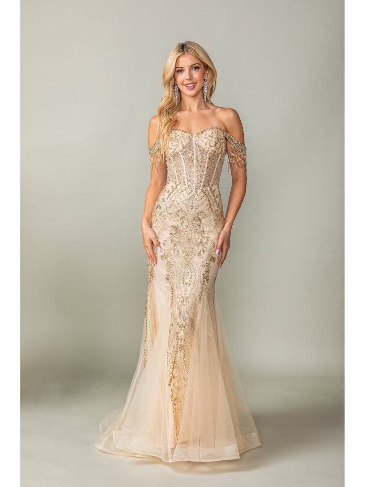 Dancing Queen 4365 Off-shoulder Straps Beaded Mermaid Gown