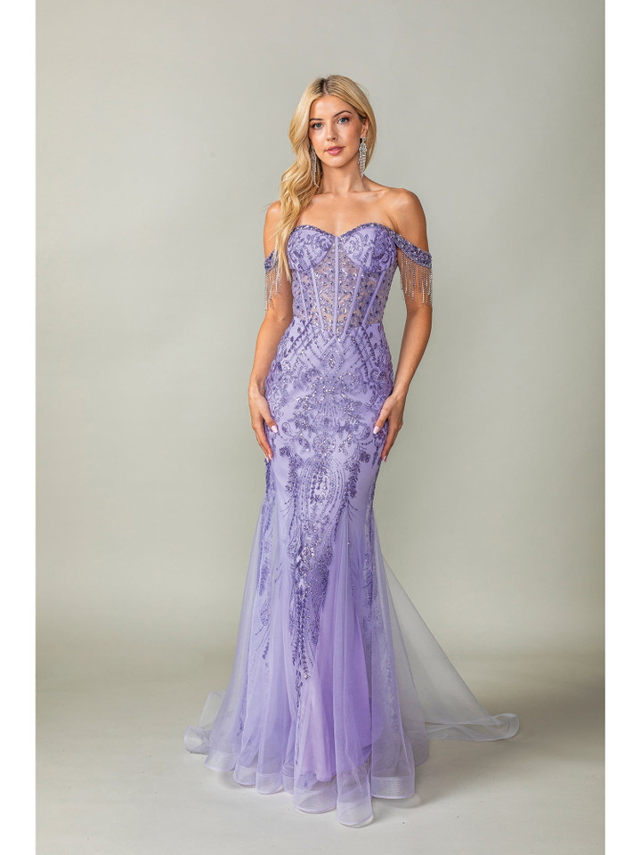 Dancing Queen 4365 Off-shoulder Straps Beaded Mermaid Gown