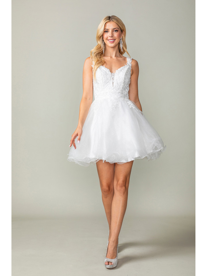 Dancing Queen 3377 Lace Embellished V-Neck Tulle Short Dress