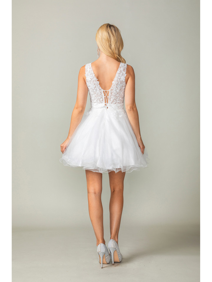 Dancing Queen 3377 Lace Embellished V-Neck Tulle Short Dress