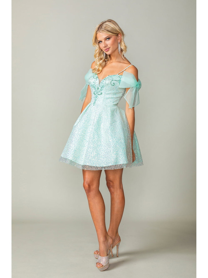 Dancing Queen 3363 Sequined Sheer Puff Sleeves Short Dress
