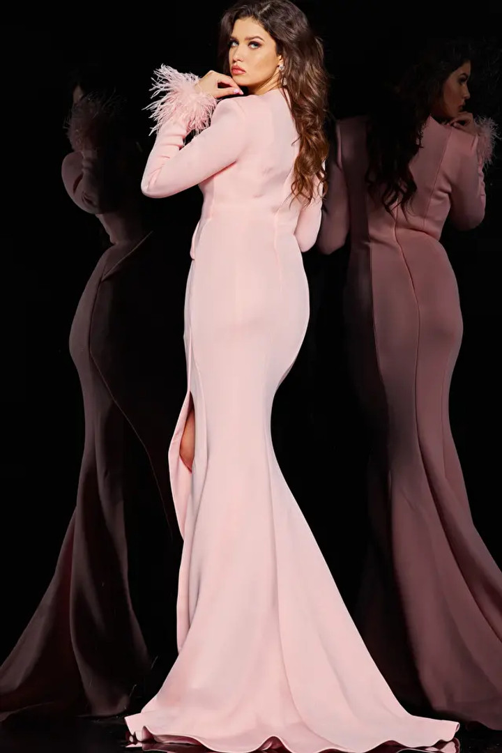 Jovani 04501 Scuba Feather Cuffs Long Sleeves V-Neck Gown